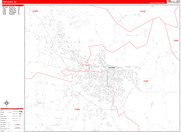 Pine Bluff City Wall Map Red Line Style
